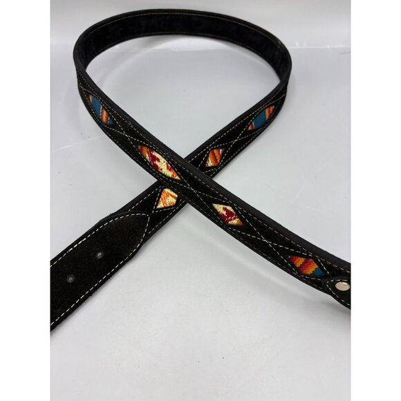 Black Suede Southwest Pattern Belt With Colorful Embroidered Inlay Aztec 43" - Picture 5 of 6